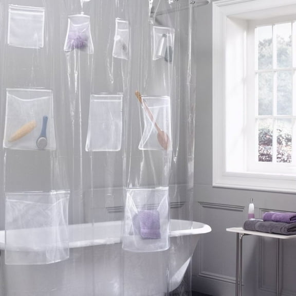 HBBKVI Translucent Pocket Shower Curtain Multifunctional Multi-purpose Bathroom Storage Water Proof Molds Proof Thickened Pocket Shower Curtains