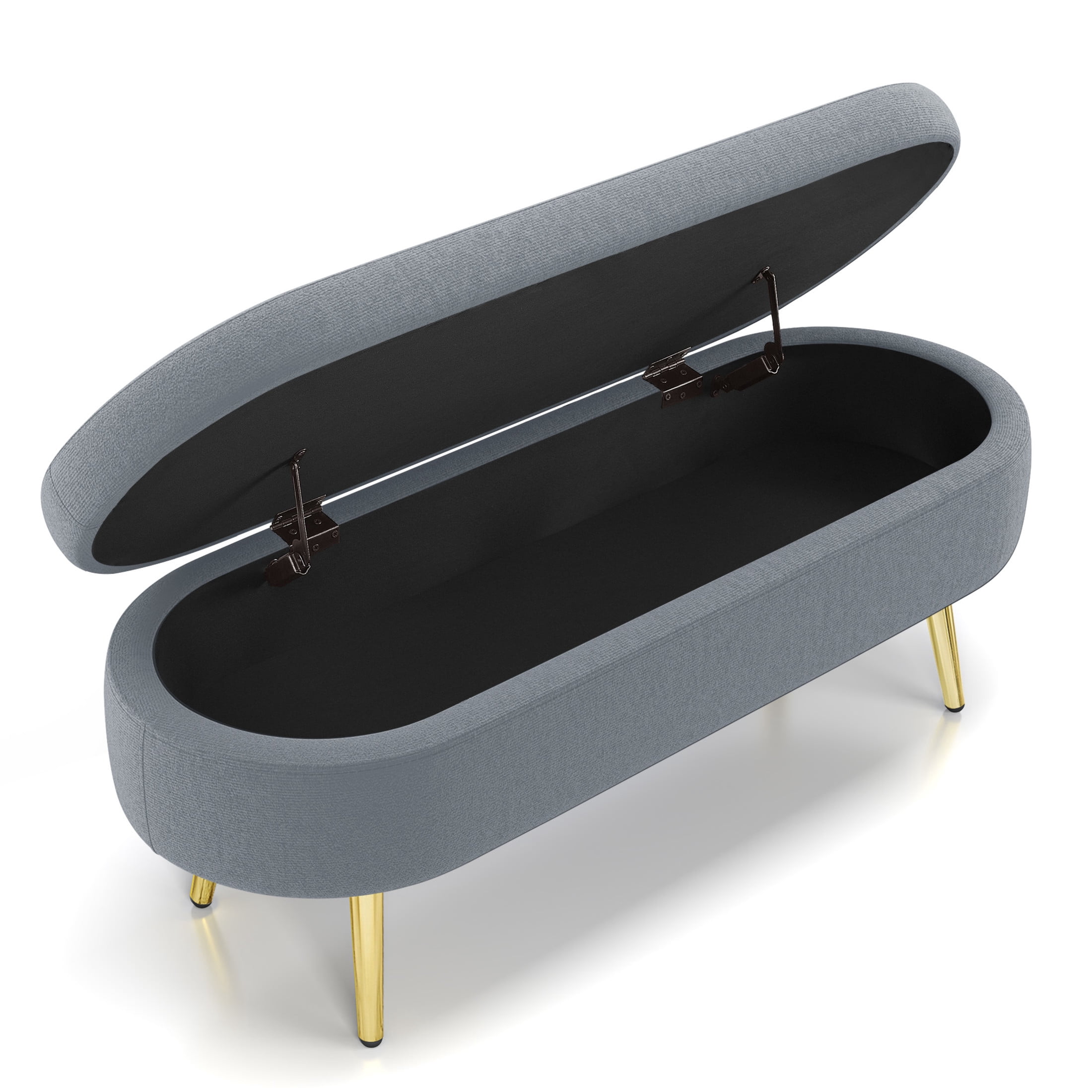 Noble House Dyani 43" Oval Flannel Storage Ottoman Bench, Upholstered Footrest with Metal Legs, Dark Gray