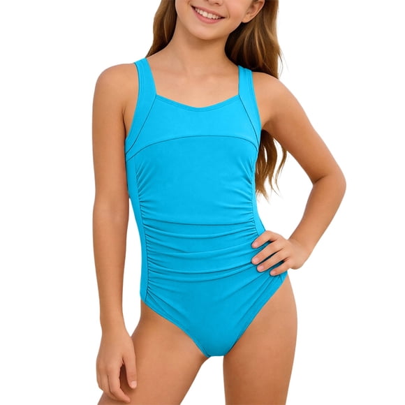 Maillot de Bain une Pièce pour Fillette 12-13 Ans, Maillot de Bain à Manches à Volants Taille Haute avec Larges Bretelles pour Jeunes