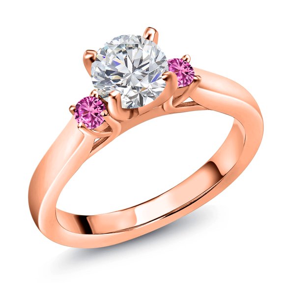Gem Stone King 18K Rose Gold Plated Silver Lab Grown Diamond and Pink Created Sapphire Engagement Ring for Women | 0.84 Cttw | Round 6MM | Gemstone April Birthstone | Size 5