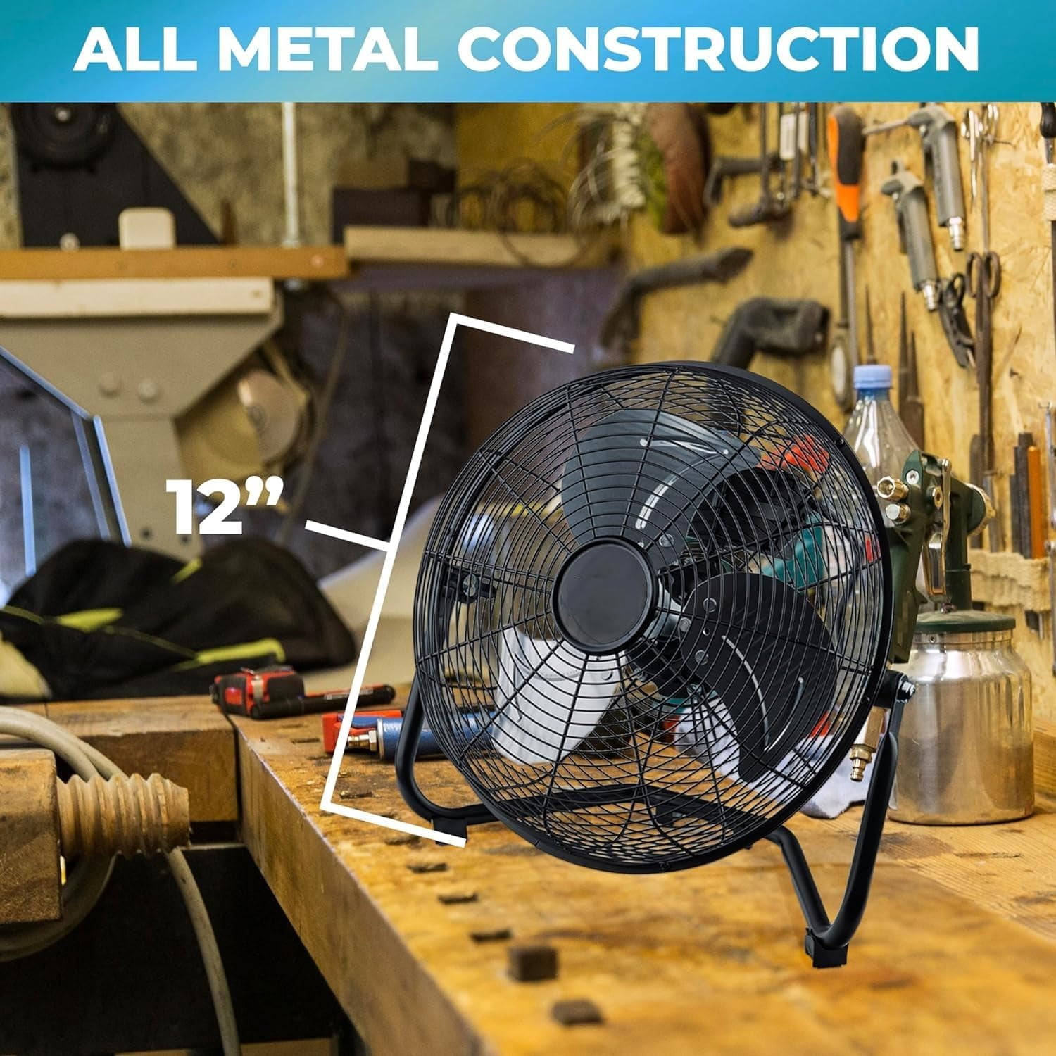 EZ-Chill 12" 3-Speed Cradle Fan with 180 Degree Adjustable Tilt 3 Speed, All-Metal, Carry Handle, Rubber Feet, Black