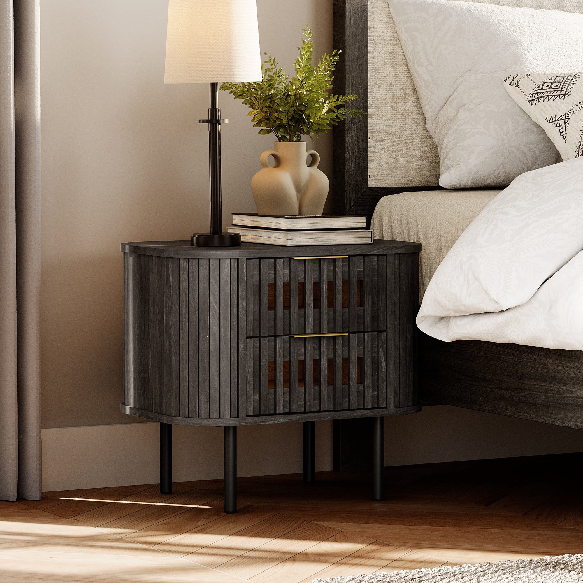 Wampat Modern Fluted Nightstand, Wooden End Table with 2 Drawers, 20.4H" Bedside table for Living Room, Bedroom, Black
