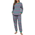 thumbnail image 4 of Womens Pajama Set Fashion Striped Print Lightweight Pajama Sets with Pants Leisure Crew Neck Long Sleeve Sleepwear Summer Pjs for Women, 4 of 7