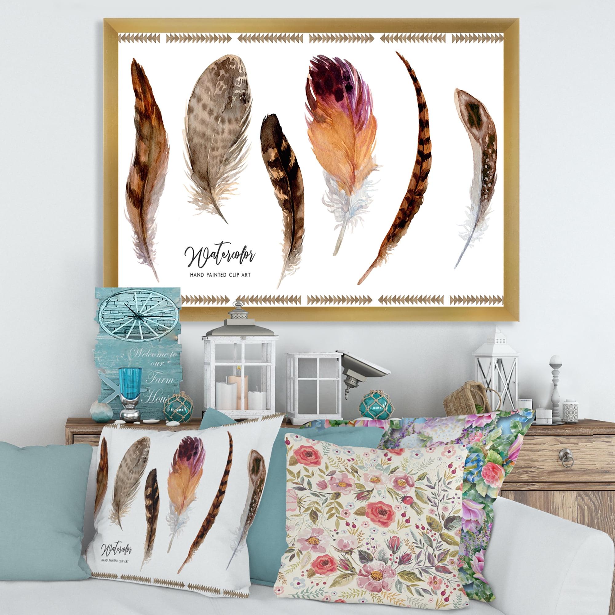 Designart 'Exotic Vibrant Boho Watercolor Feathers' Bohemian & Eclectic Framed Art Print