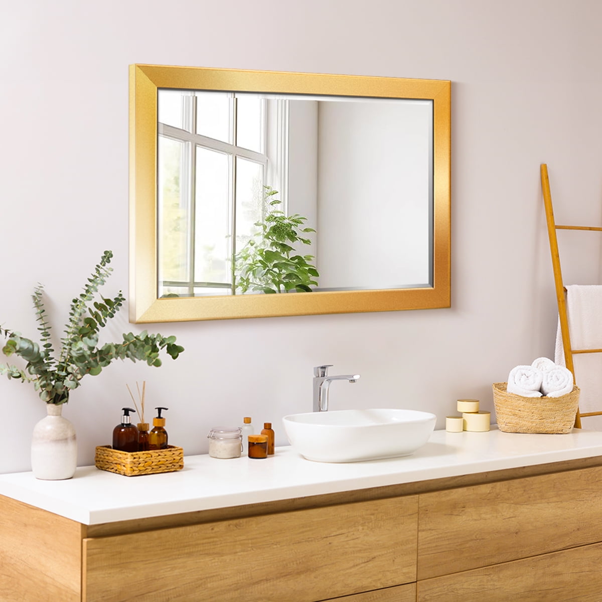 29 in. W x 41 in. H Framed Rectangle Beveled Edge Wood Mirror in Solid Gold
