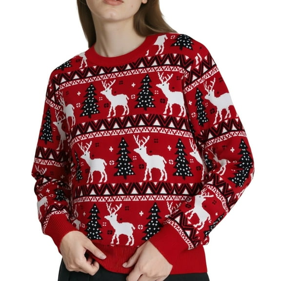 Fiaer Christmas Womens Oversized Sweater Reindeer Xmas Tree Printed Knitted Pullover Crew Neck Plus Size Long Sleeve Casual Thermal Warm Cozy Tops Red XL