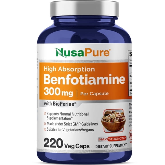 NusaPure Benfotiamine 300mg Capsules - 220 Veggie Caps, Non-GMO, Vegan, Dietary Supplement for Adult Health & Wellness