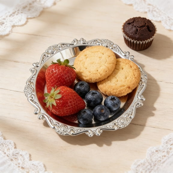 Aoznliie Metal Serving Trays, Small Metal Tray for Food Salad Plates, Silver Embossed Decorative Tray for Kitchen Bedroom Vanity, 6x6in