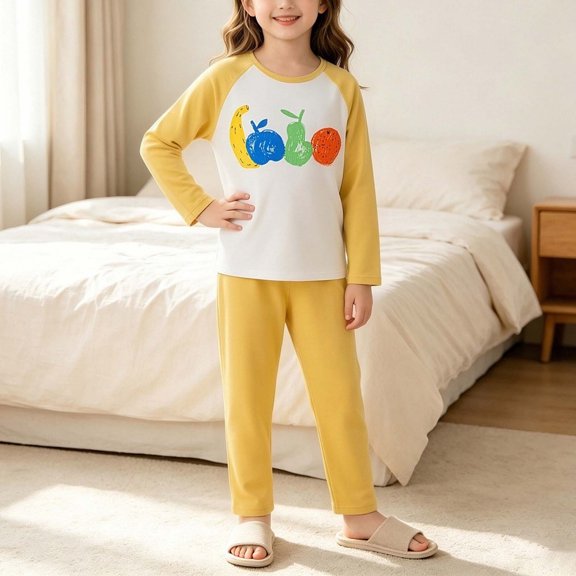 Mifsaly Girls Boys Cotton Pajama Set Graphic Long Sleeve Crewneck Sleepwear Tops and Long Pants Soft Comfortable Fall Winter Casual Indoor Clothes