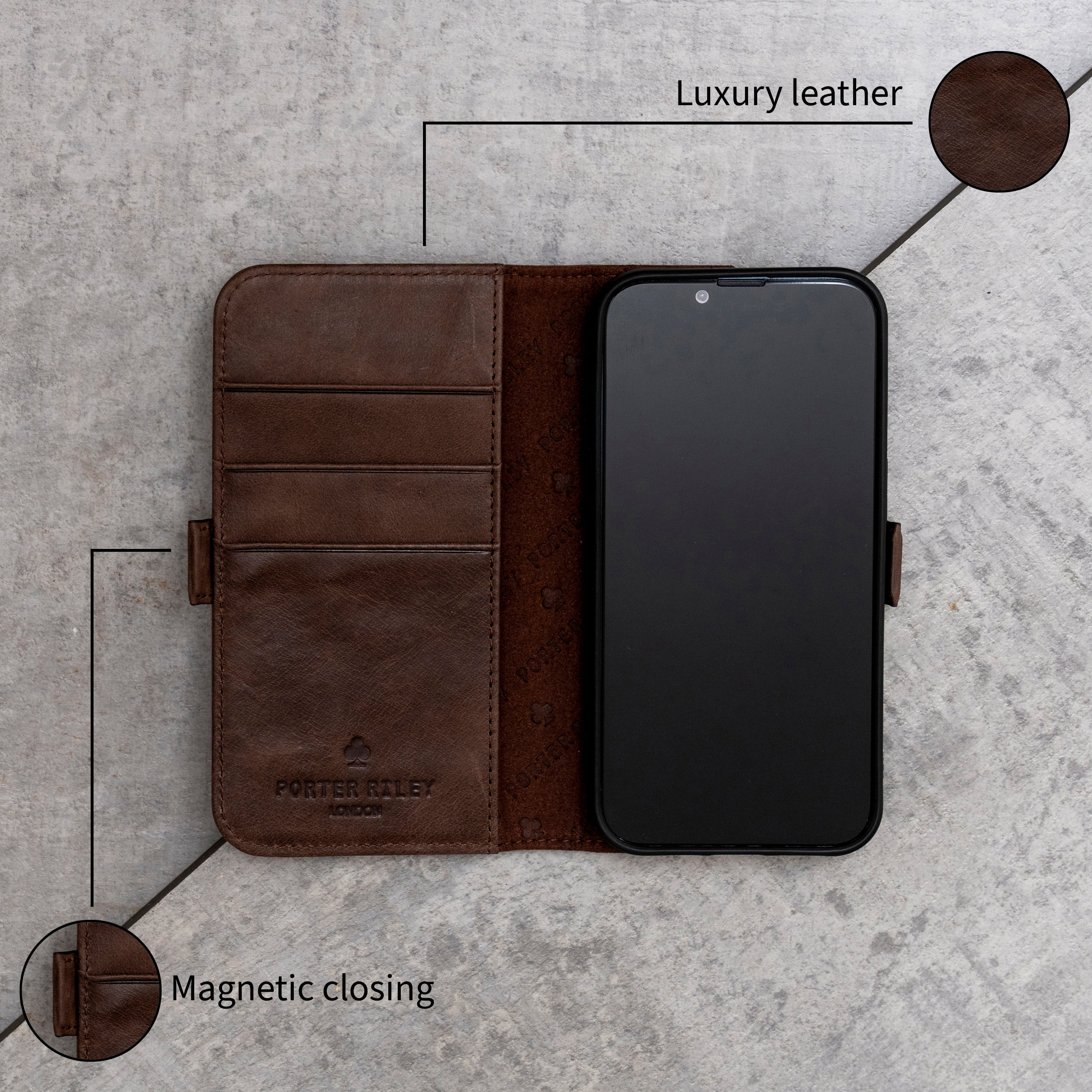 PORTER RILEY - Leather Case for iPhone 16 Pro. Premium Genuine Leather Stand/Cover/Wallet/Flip Case