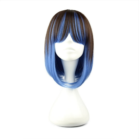 Unique Bargains Wigs for Women 16" Black Gradient Blue Bob Wig with Wig Cap Shoulder Length
