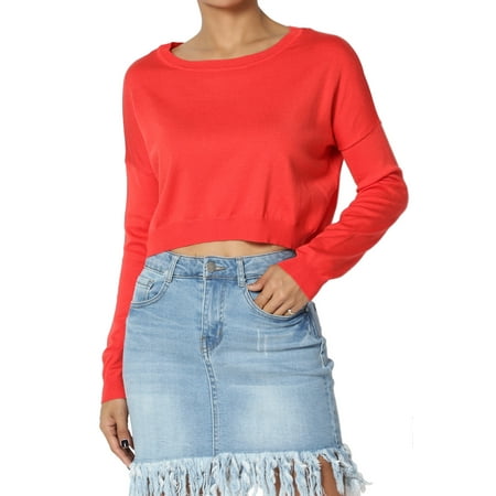 - TheMogan Junior's Dolman Long Sleeve Boat Neck Lightweight Knit Relaxed Fit Crop Top