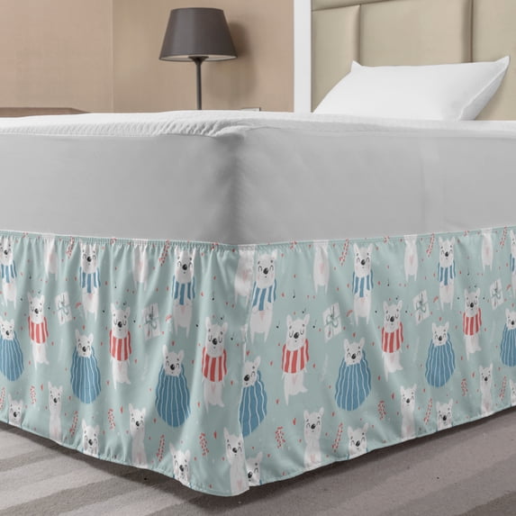 Nursery Bed Skirt, Polar Bears in Blanket with Romantic Hearts Backdrop Hand Drawn Animals, Elastic Bedskirt Dust Ruffle Wrap Around for Bedding Decor, 4 Sizes, Pale Blue Coral Blue, by Ambesonne