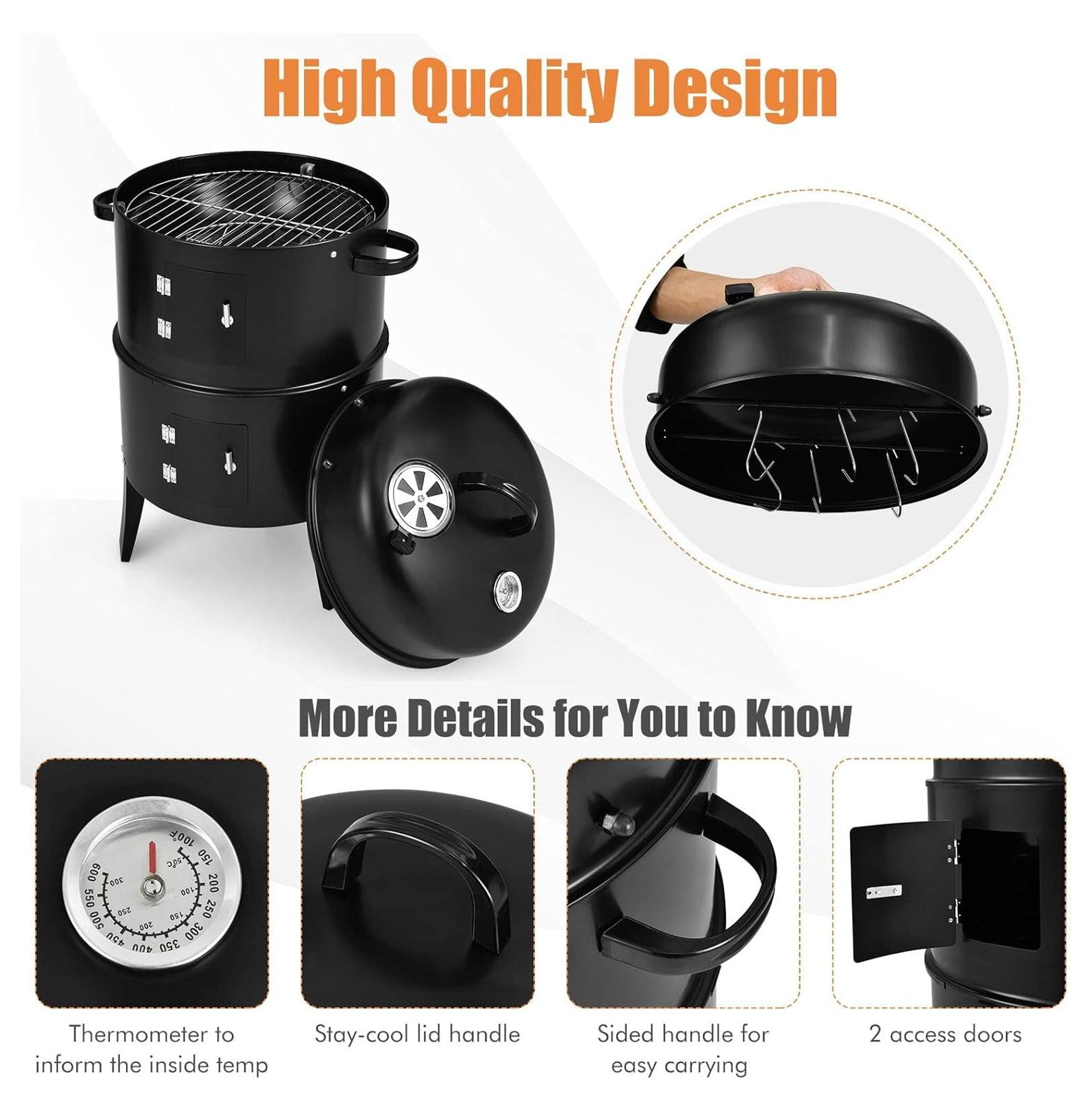 3-in-1 Charcoal Smoker Grill, Outdoor Vertical Charcoal Smoker with Built-in Thermometer & Adjustable Vent System, 2-Layer Separable BBQ Grills for Camping & Family Cooking