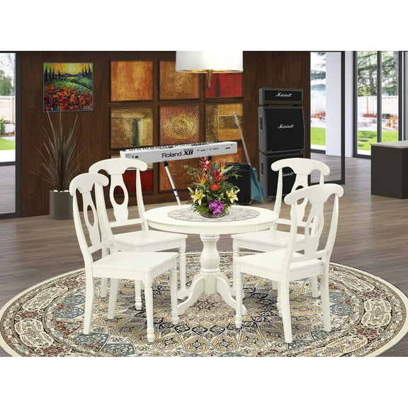 East West Furniture HBKE5-LWH-W 5 Piece Kitchen Set - Linen White Kitchen Table and 4 Linen White Dining Room Chairs with Napoleon Back - Linen White Finish
