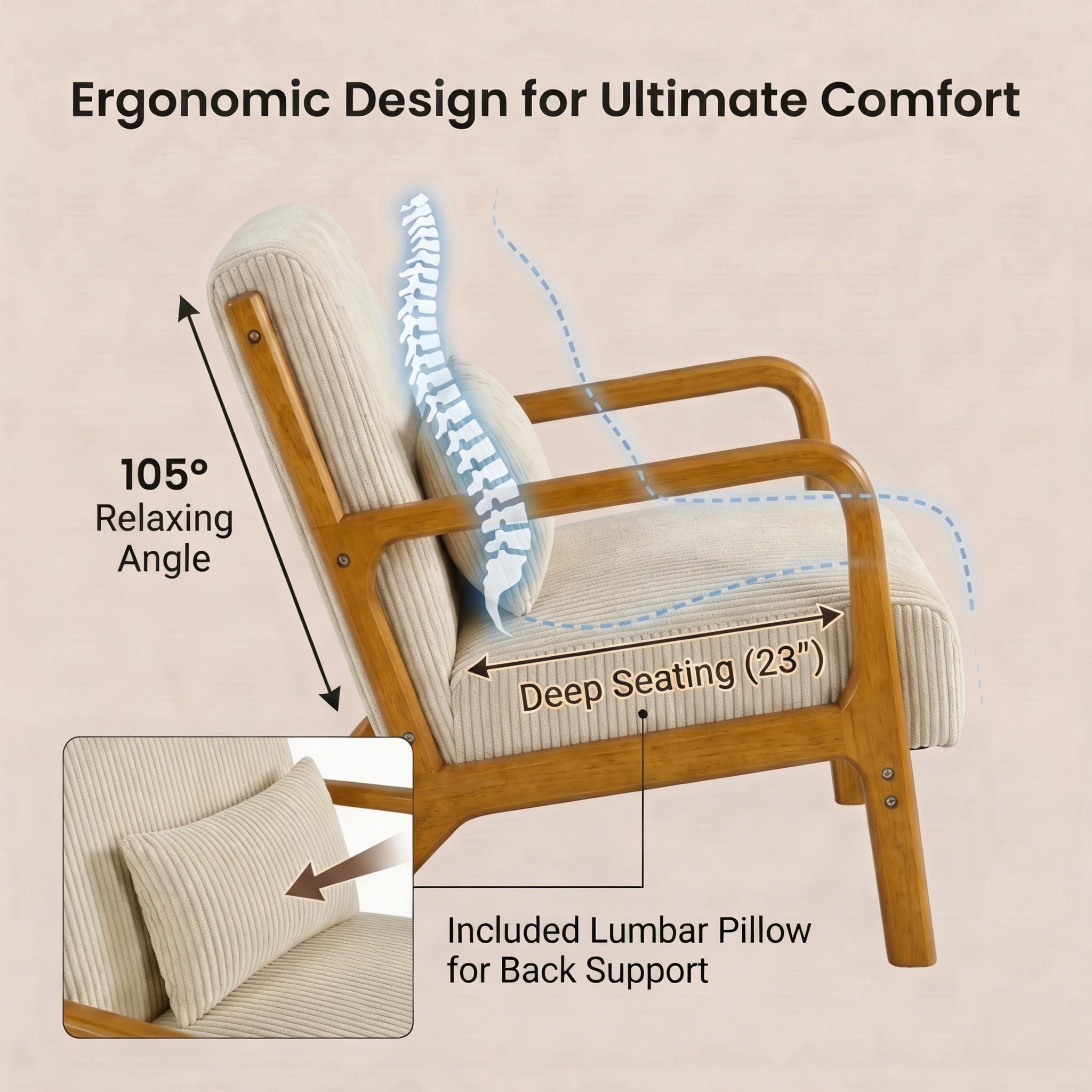 Mid-Century Modern Corduroy Accent Chair with Solid Wood Frame & Lumbar Pillow, Beige