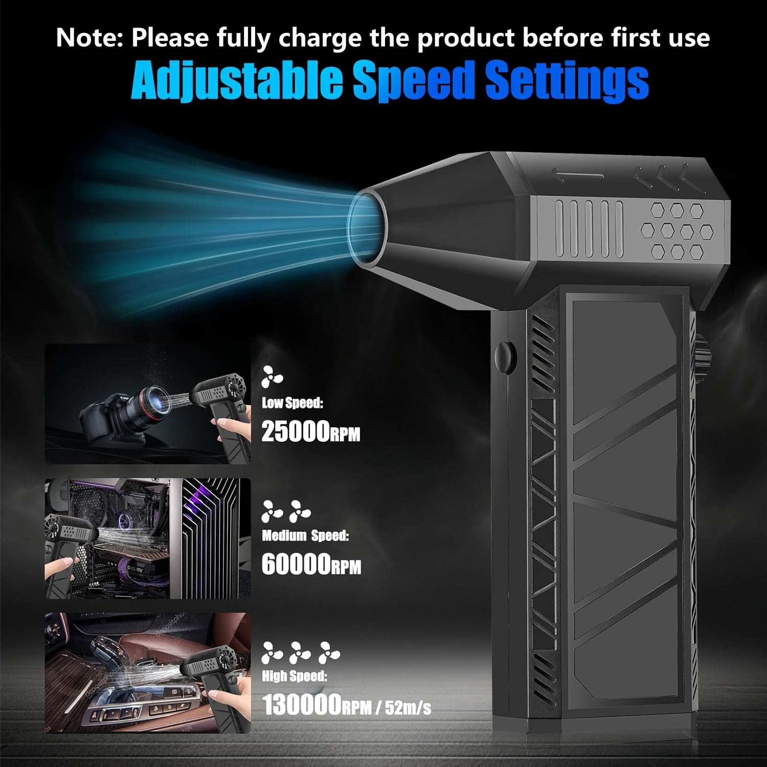 YIYUN High-Speed Electric Air Duster – 130,000 RPM USB Rechargeable, Adjustable Speed for Keyboard, Car & Home Cleaning.
