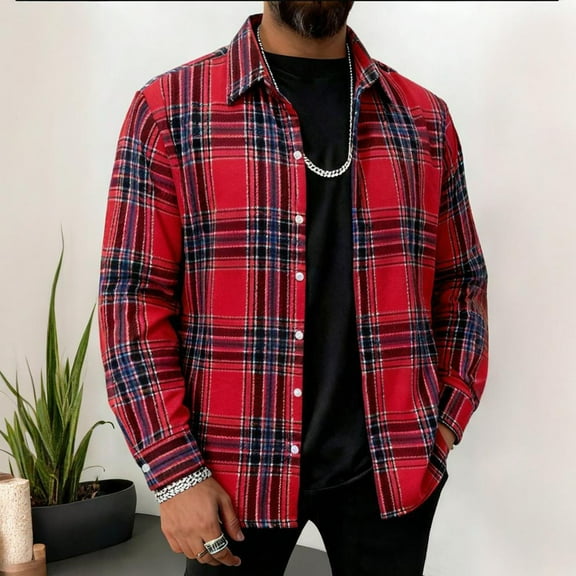 Fznquz Red Mens Button Up Shirt Collar Long Sleeve Shirts Button Down Flannel Plaid Big and Tall Mens Clothes