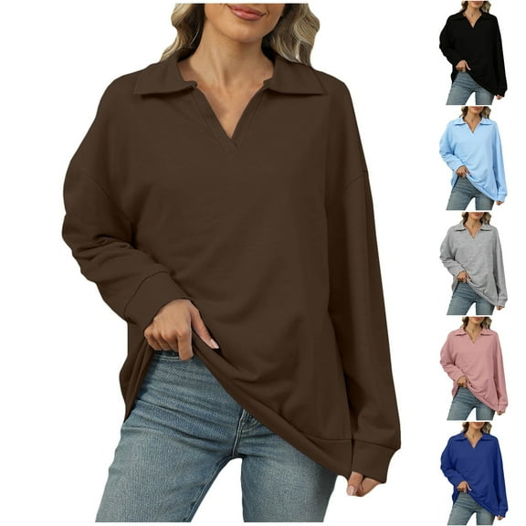 ATOYSOY Casual Cotton Linen Loose Shirts for Women Long Sleeve Tees Trendy Lapel V Neck Pullovers Solid Color Tops Drop Shoulder Outwear Fall Black L