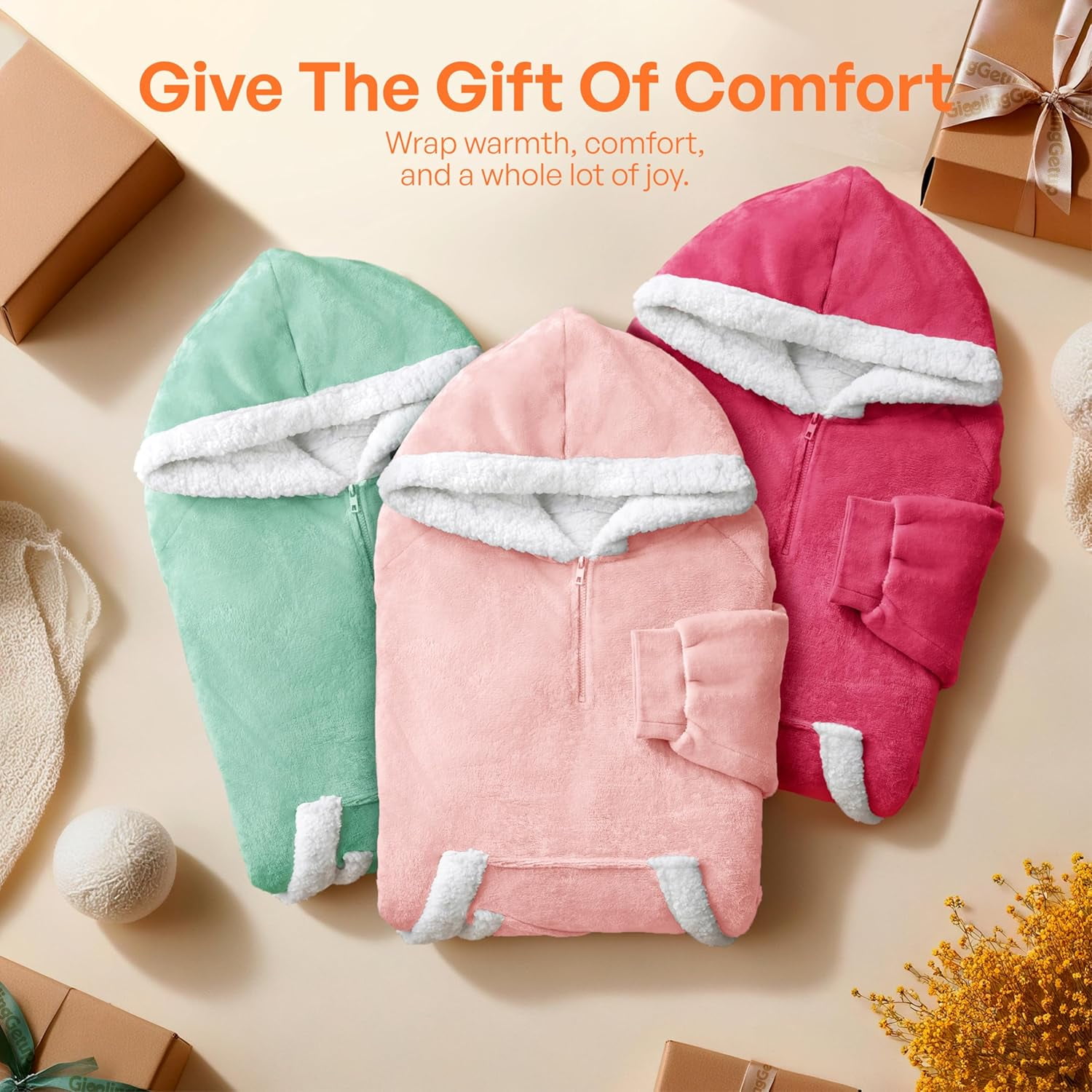 Joyfy Wearable Blanket Hoodie,Oversize Hoodie Fleece Sweatshirt Wearable Blanket for Women and Men,Clothing Gift for Women Men Mom Dad,Giant Hood Pocket and Sleeves for Adult(Pink,Standard)