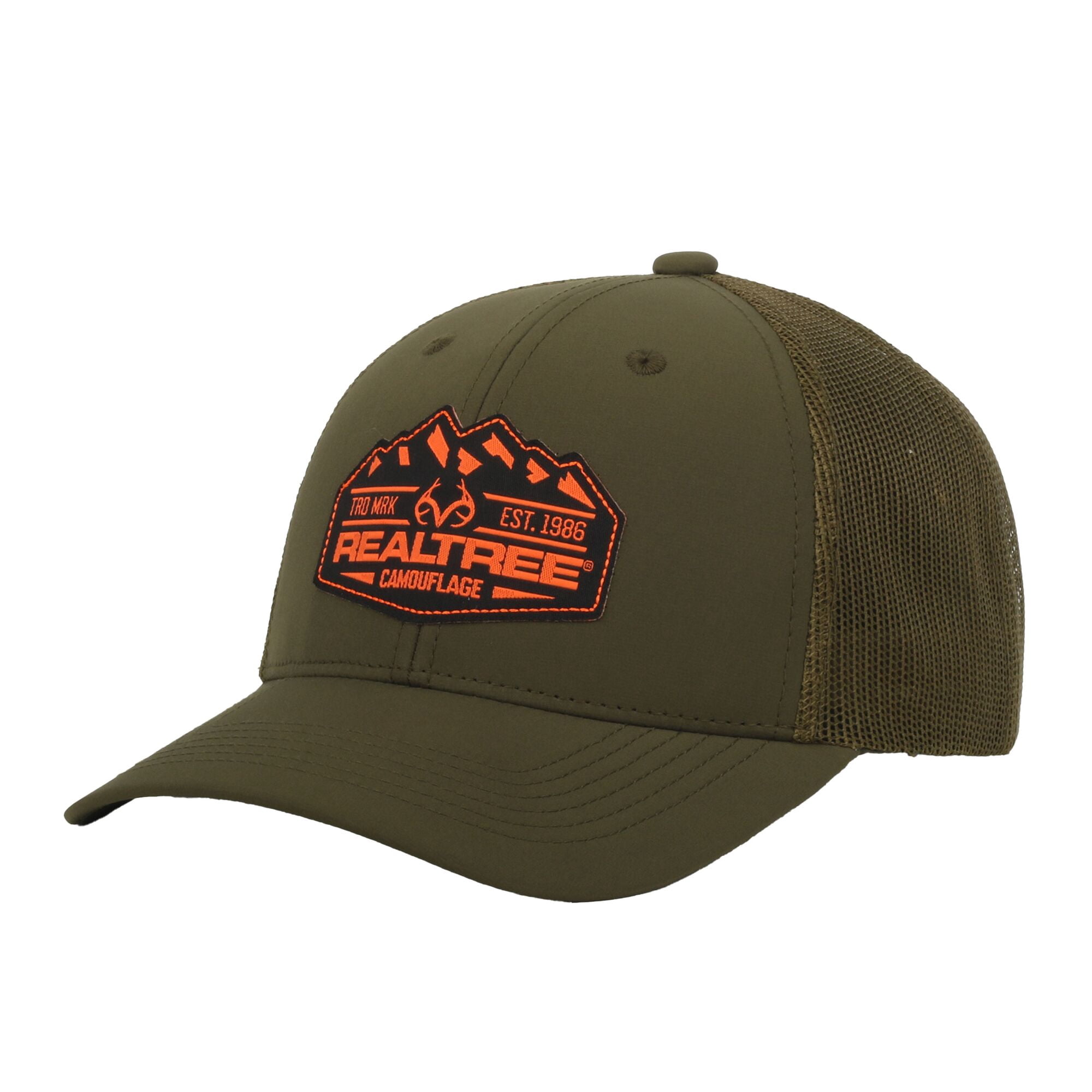 Realtree Structured 6-Panel Trucker Hat – Woven Logo Meshback Cap, Olive, One Size
