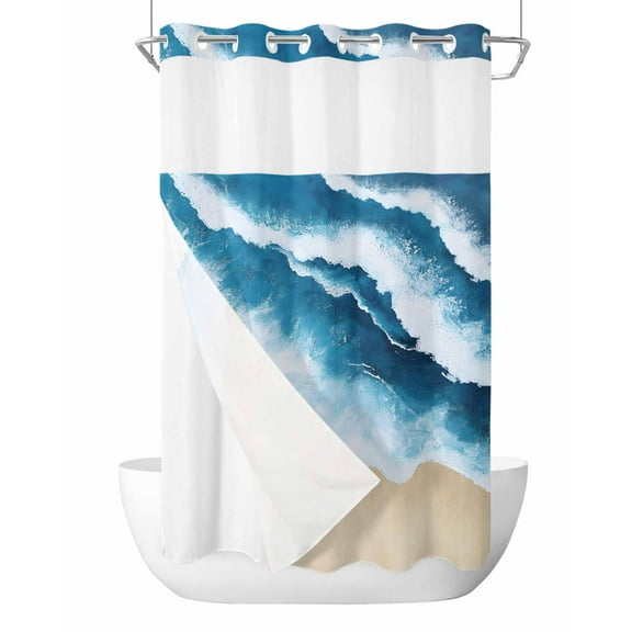 No Hook Cloth Fabric Shower Curtain with Snap in Liner, Blue Waves Coastal Waterproof Shower Curtains Set with See Through Top Window, Summer Beach Nautical Ocean Sea Bath Curtains Shower 54"x78"