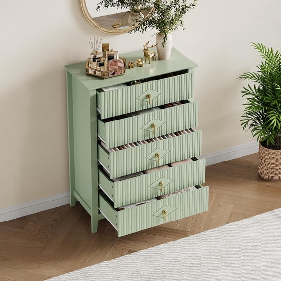 EastVita Fluted Dresser for Bedroom 42.9 Tall 5-Drawer Living Room Hallway Entryway Green