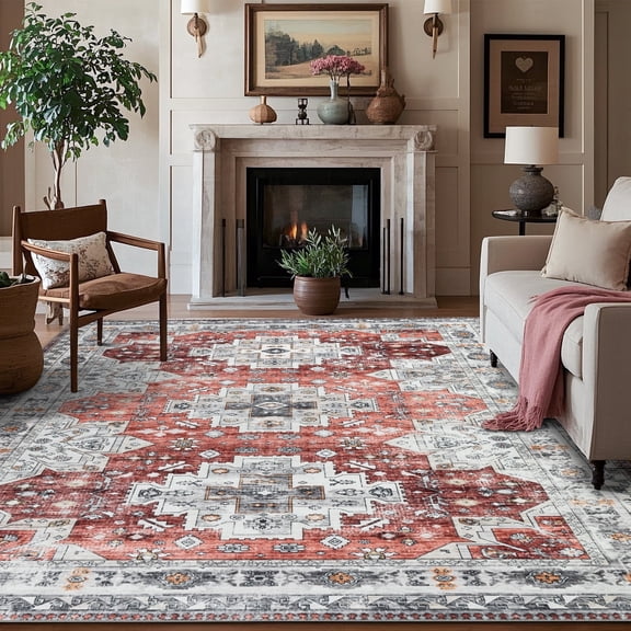 8x10 Boho Area Rug, Washable Vintage Persian Rug with Non-Slip Rubber Backing for Living Room