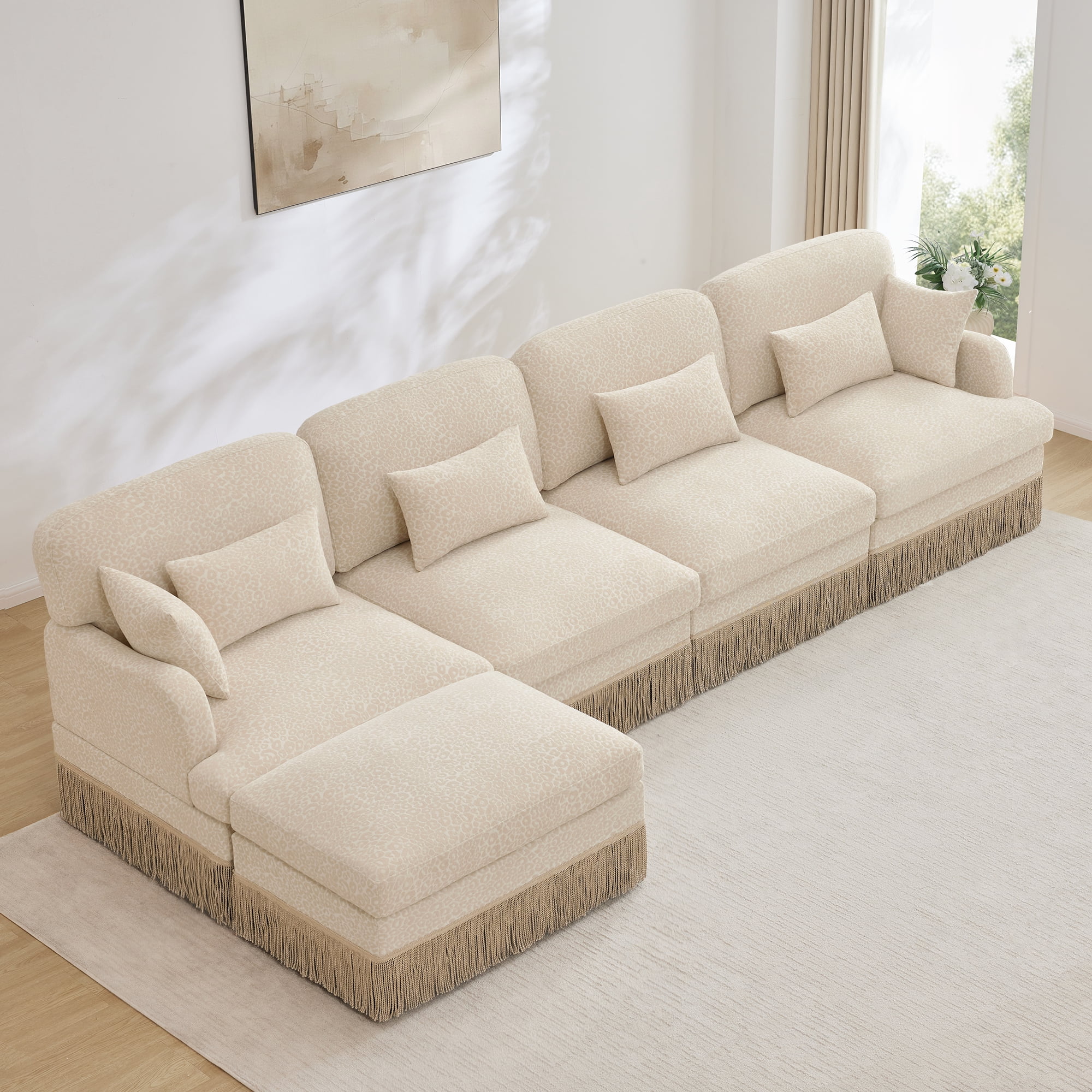 NEW 131" Comfy Chenille Leopard Print L-Shaped Sofa, Delicate Tassel Edge, Movable Ottoman, Ergonomic Design, Easy Assembly, Deep Seat, Beige Coffee