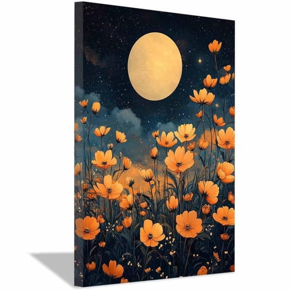Mudket Framed,Canvas Wall Art,Ready to Hang,Orange Flower Night Floral Canvas Print,Botanical Wall Decor,Flower Pictures, for Bedroom Living Room Office Decor - 12"L x 8"W