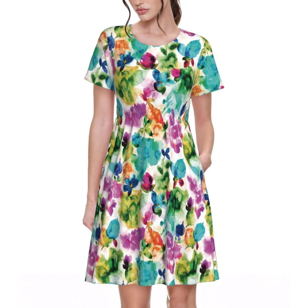 Disketp Watercolor Flowers para Vestido de Manga Corta para Mujeres, Vestidos de Verano para Mujeres, Casual y Holgado para la Playa