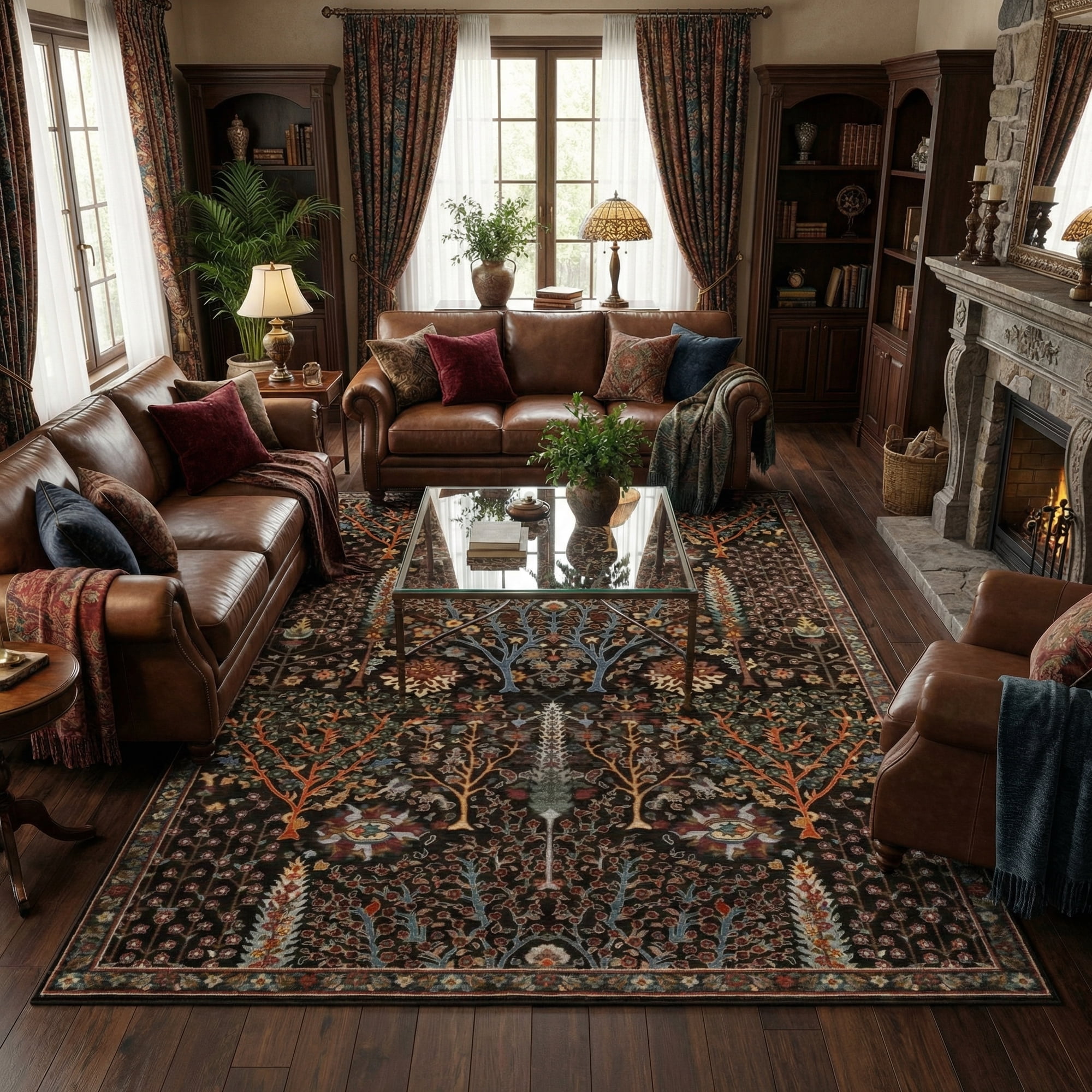 Washable Oriental Rug, 9x12 Black Boho Botanical Floral Vintage Carpet, Soft Large Indoor Rug for Living Room, Bedroom, Office, Playroom