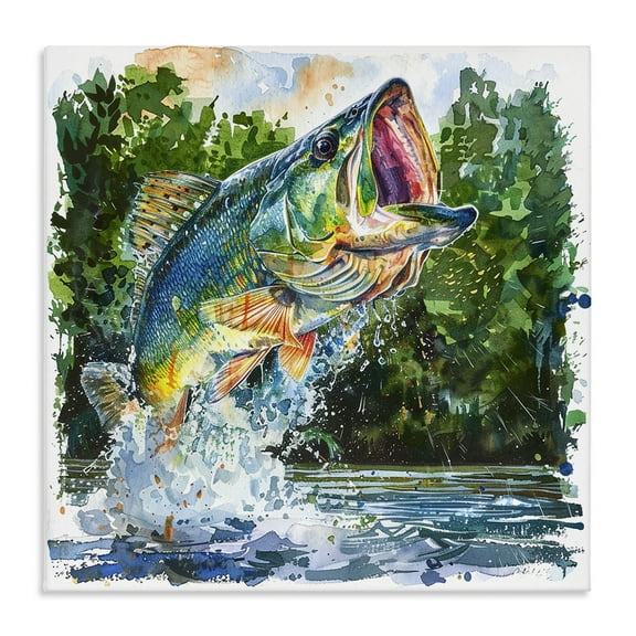 Stupell Industries Splashing Bass Fish Animals Painting Wrapped Canvas Art Print Wall Art, 17 x 17