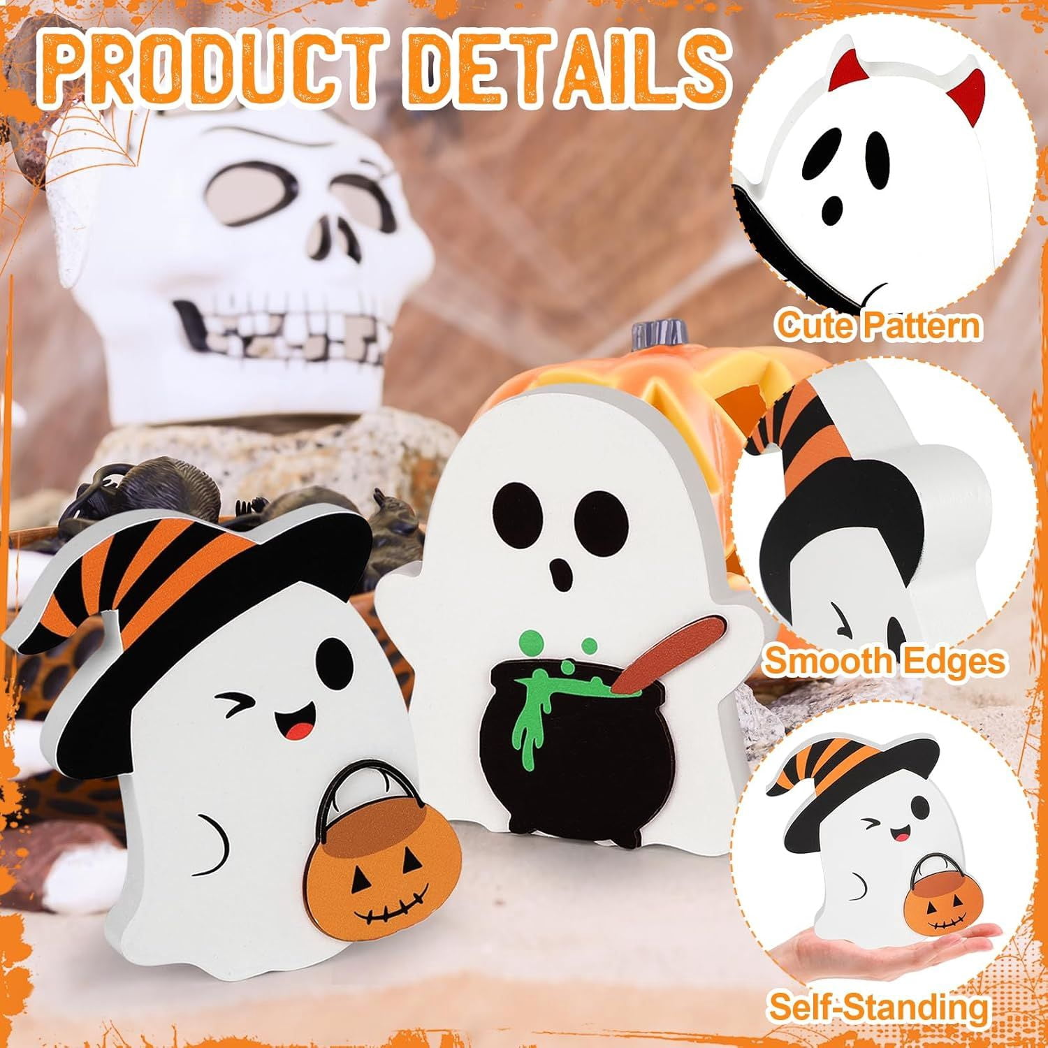 Set of 3 Cute Wooden Ghost Tiered Tray Decorations for Halloween Home Decor