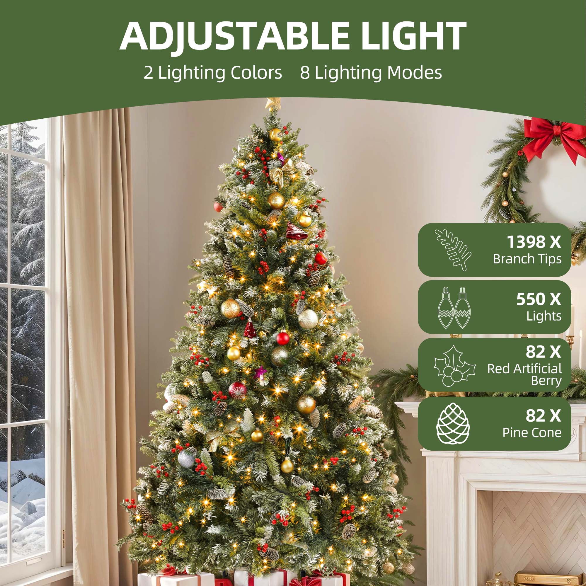 Uforic 7.5 ft Prelit Flocked Pine Artificial Christmas Tree with 1398 Tips & 550 Lights, Remote Control, Green