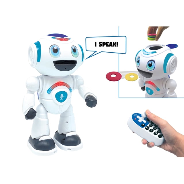 lexibook robot interactivo powerman master que lee la mente juguete para niños baila reproduce música concurso de animales robot programable con control remoto rob25en blanco — Vista frontal, robot infantil blanco de pie con ojos grandes azules y boca-altavoz, botón de micrófono en el torso y brazos articulados; insertos muestran mando a distancia por infrarrojos blanco con botones y discos de espuma de colores. Indicado para programar hasta 40 acciones, modo adivina animales, repetición y grabación de voz; suele utilizarse también como juguete educativo para crear coreografías musicales.