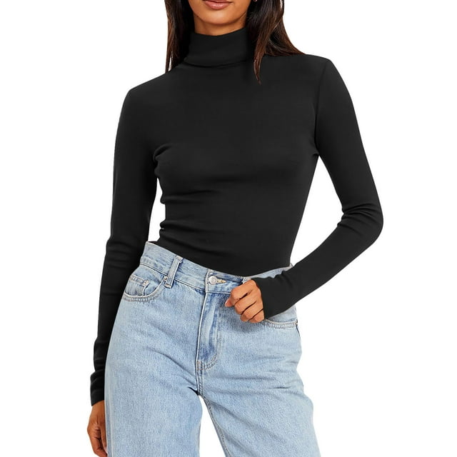 Lenpel Chandails Thermiques pour Femmes en Molleton Doux à Manches Longues, Col Roulé, Coupe Ajustée, Hauts de Base pour Superposition, sous-Vêtements Chauds de Base, T-Shirts (Noir, Très Grand)