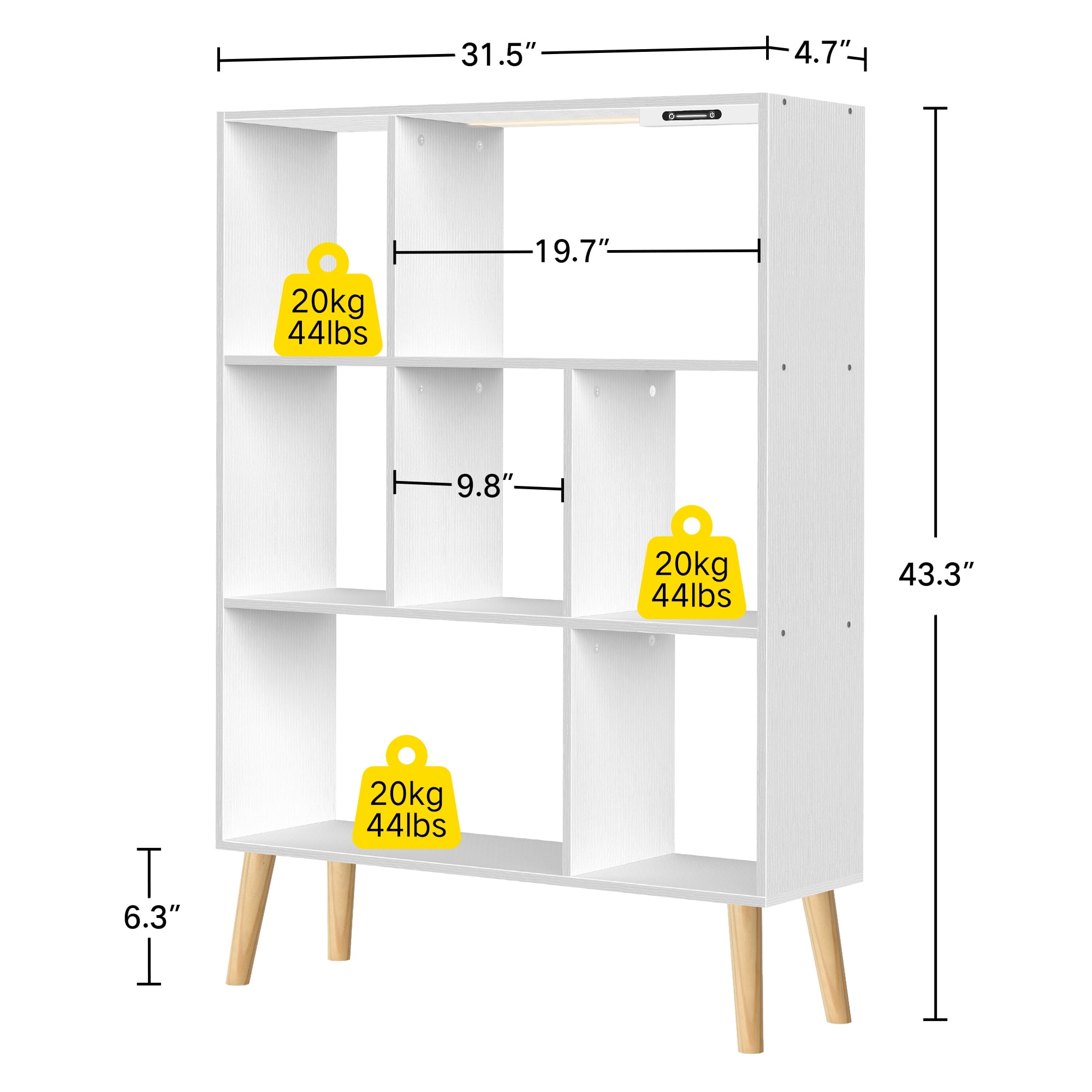 OUTONLIFE 7 Cube Storage Organizer,Open Bookshelf with Lights,Cube Storage Bookcase,Wood Bookcase for Living Room Office,White