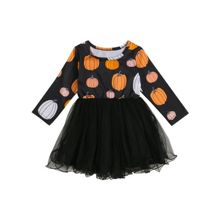 

Yinyinxull Toddler Baby Girl Halloween Outfits Long Sleeve Cartoon Pumpkin Print Tulle Tutu Dress Princess Clothes Black 6-12 Months