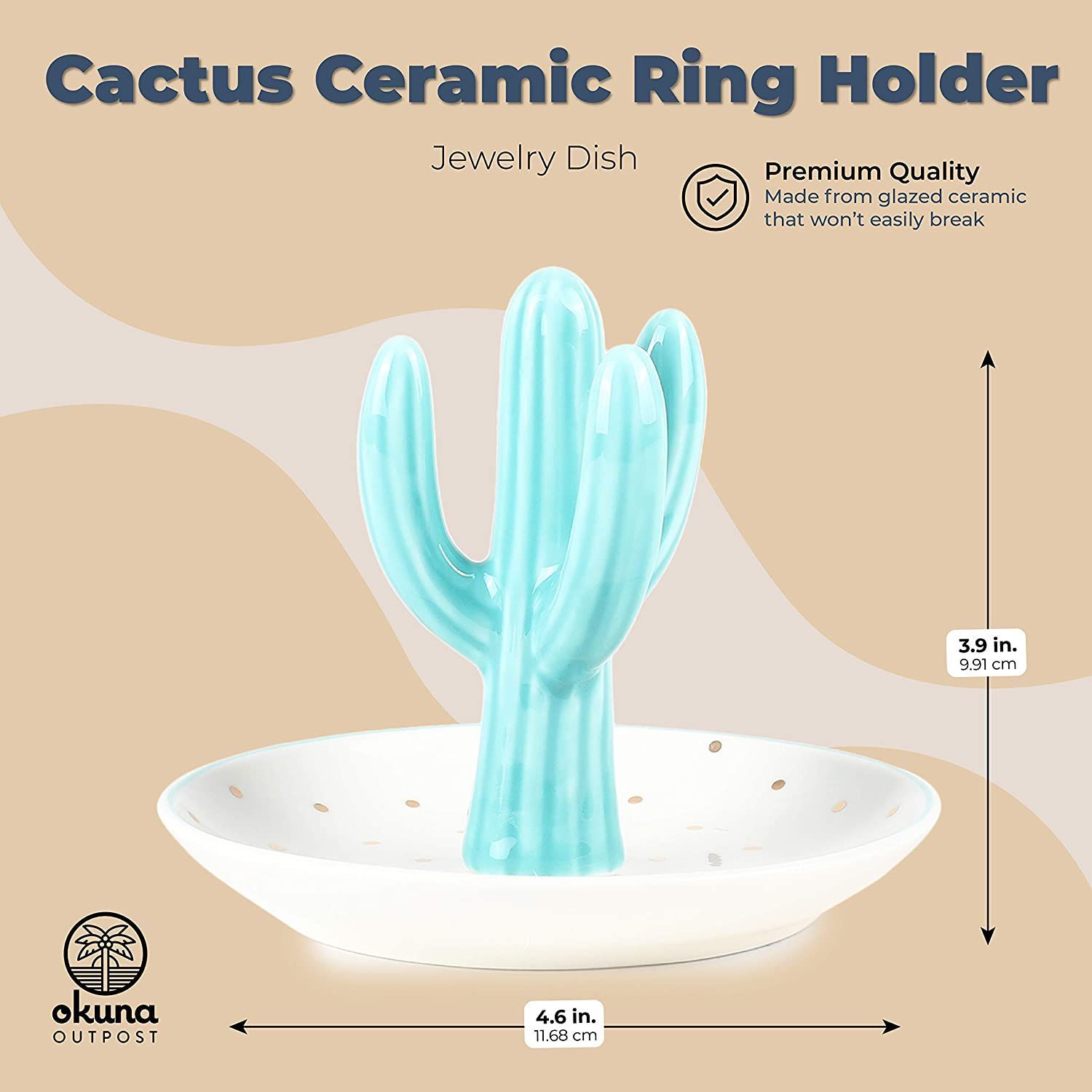 Owlgift Cactus Ring Holder Earring Trinket Tray Green Cactus Ceramic Dish for Jewelry Succulent Bracelet Storage Necklace Organizer Display