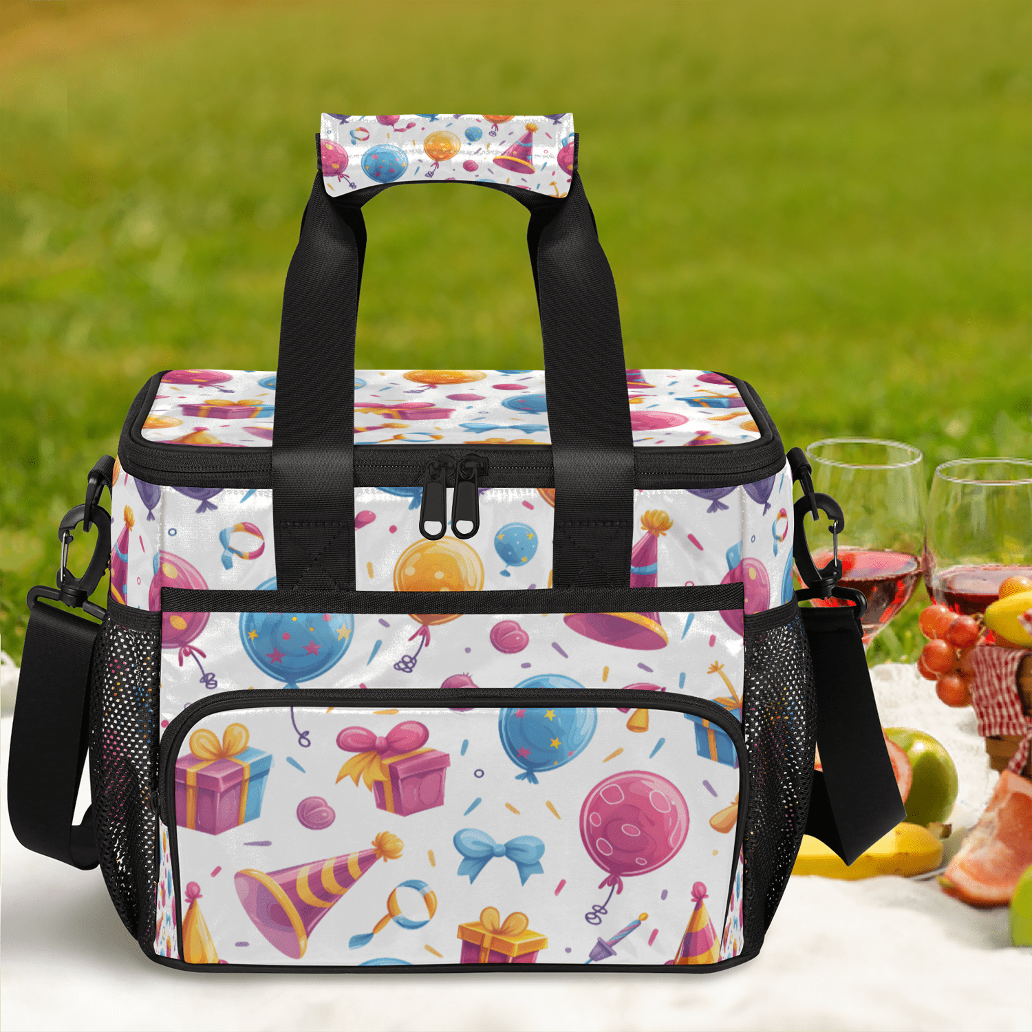 Herdesigns Happy Birthday Theme Large Lunch Box for Adults Women Men with Adjustable Shoulder Strap, Insulated Reusable Lunch Bag Leakproof Cooler Tote Bag