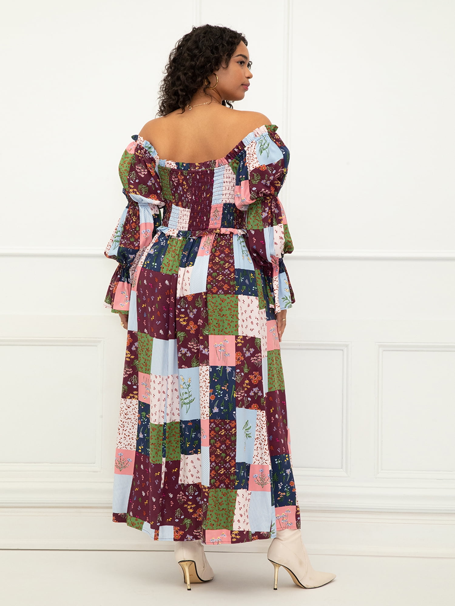 ELOQUII Elements Women's Plus Size Off The Shoulder Maxi Dress With Cinch