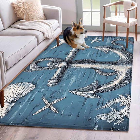 Blue Nautical Anchor Area Rug 3x5 Washable Rug Non Slip Summer Coastal Ocean Starfish Shell Large Area Rug Indoor Floor Carpet for Entryway Bedroom Kitchen Living Room Home Office Dining Room Nursery