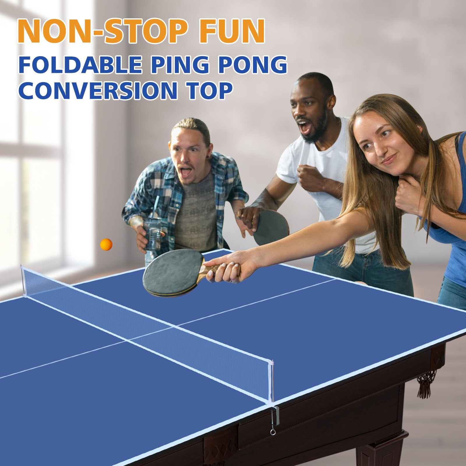 Ping Pong Table, 7*4ft Blue Mid-Size Ping Pong Conversion Top Foldable & Portable Table Tennis Table Top for Indoor Games, Blue Table Tennis Table,Mdf Outdoor Ping Pong Table