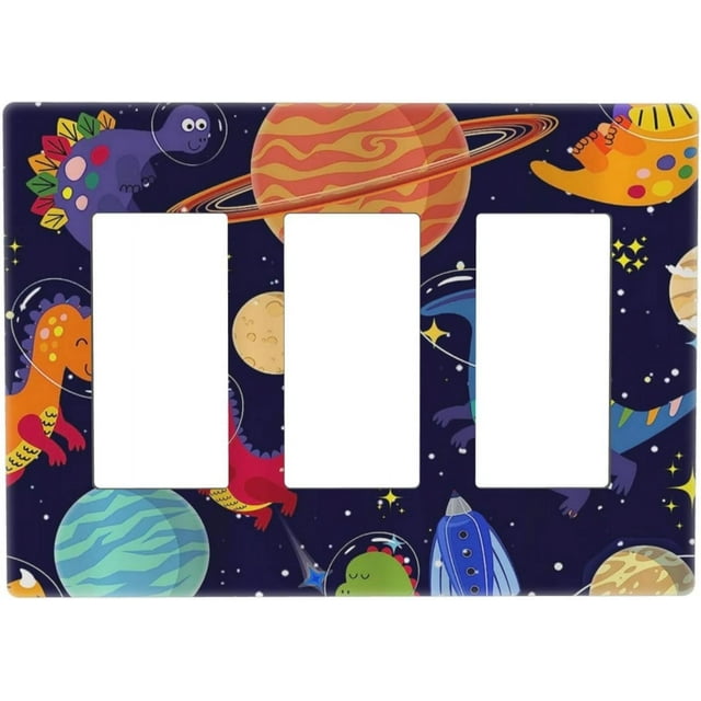 Galaxy Starry Astronaut Dinosaur 3 Gang Triple Rocker/Decora Light Switch Wall Plate Cover Decorative Electrical Faceplate Switchplate for Bathroom Living Room Decor