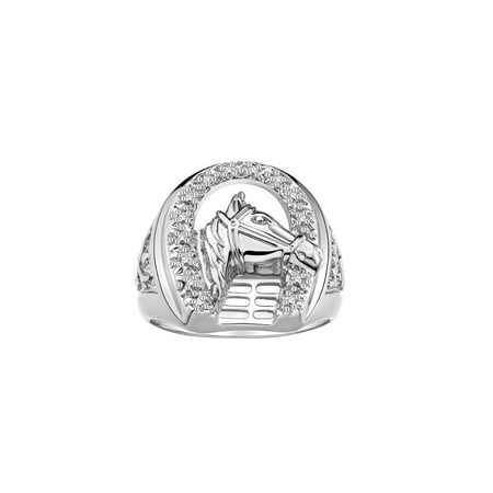 RYLOS Sterling Silver Designer Men's Lucky Horseshoe Ring with Diamonds Size 8