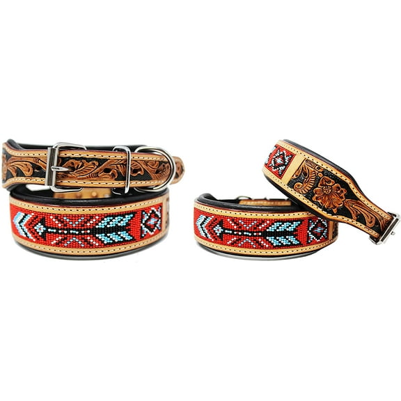 CHALLENGER Hand Tooled Beaded Padded Leather Dog Collar 60123