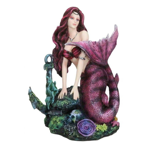 Siren Mermaid Sitting By Sunken Ship Anchor Skull Corals Ocean Graveyard Statue