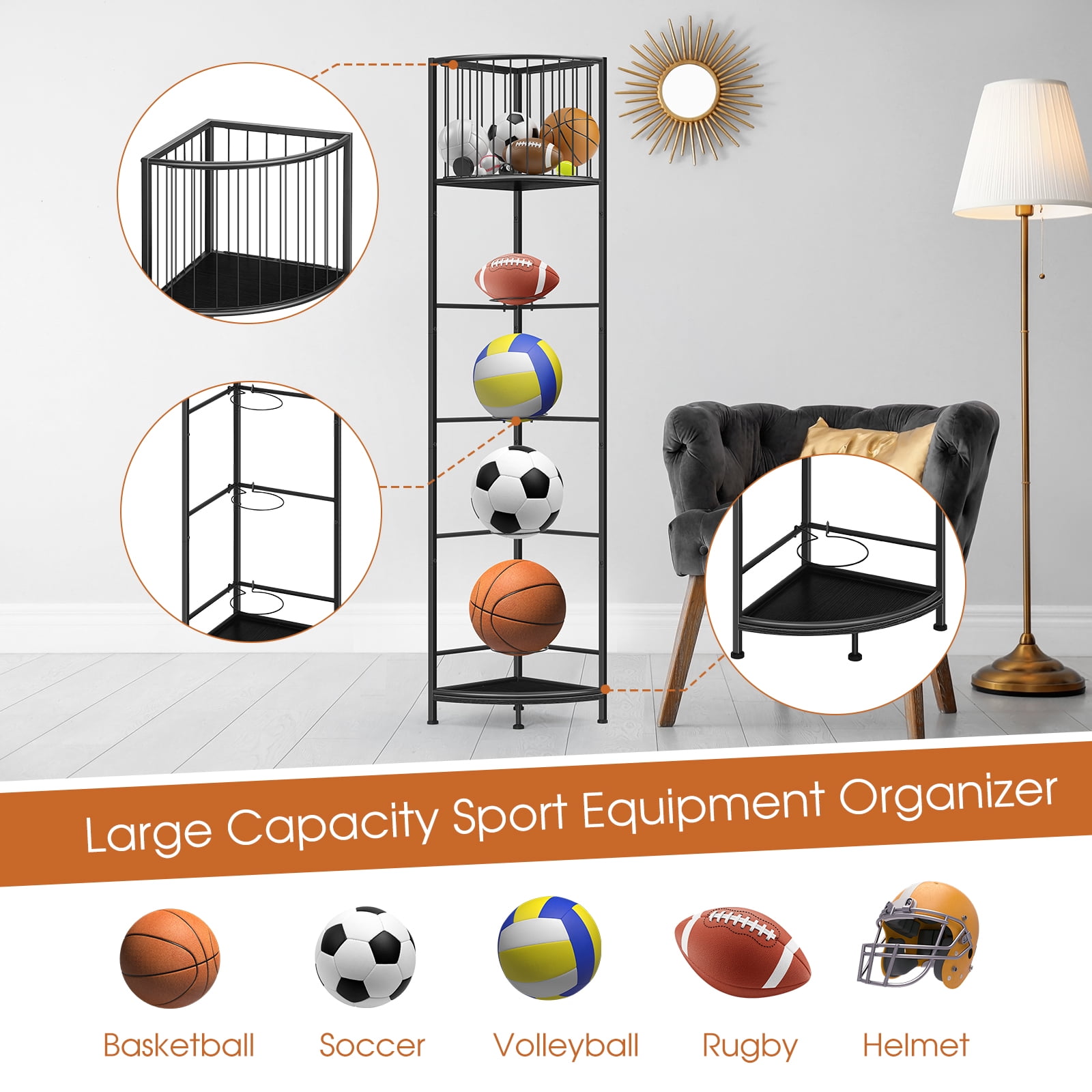 Oumilen 3-Tier Freestanding Basketball Storage Rack, Heavy-Duty Sports Ball Organizer