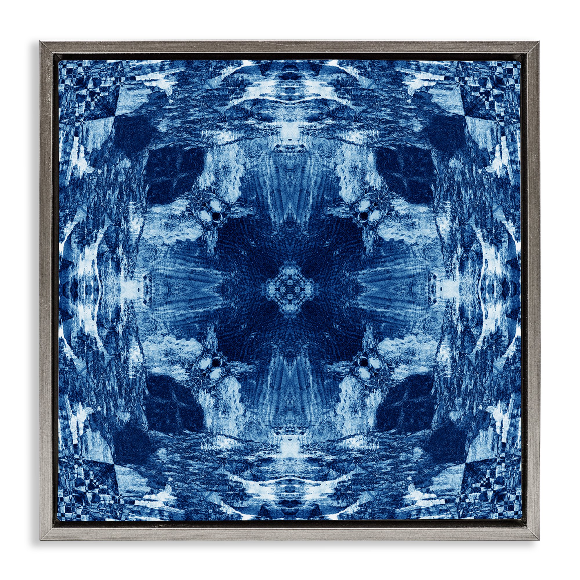 Stupell Industries Blue Mirrored Symmetry Abstract Painting Gray Floater Framed Canvas Art Print Wall Art 18 x 18